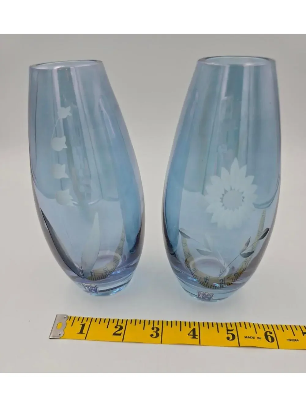 Vintage Pair Johan Fors Sweden Blue Glass Vases Etched Floral w/Original Sticker